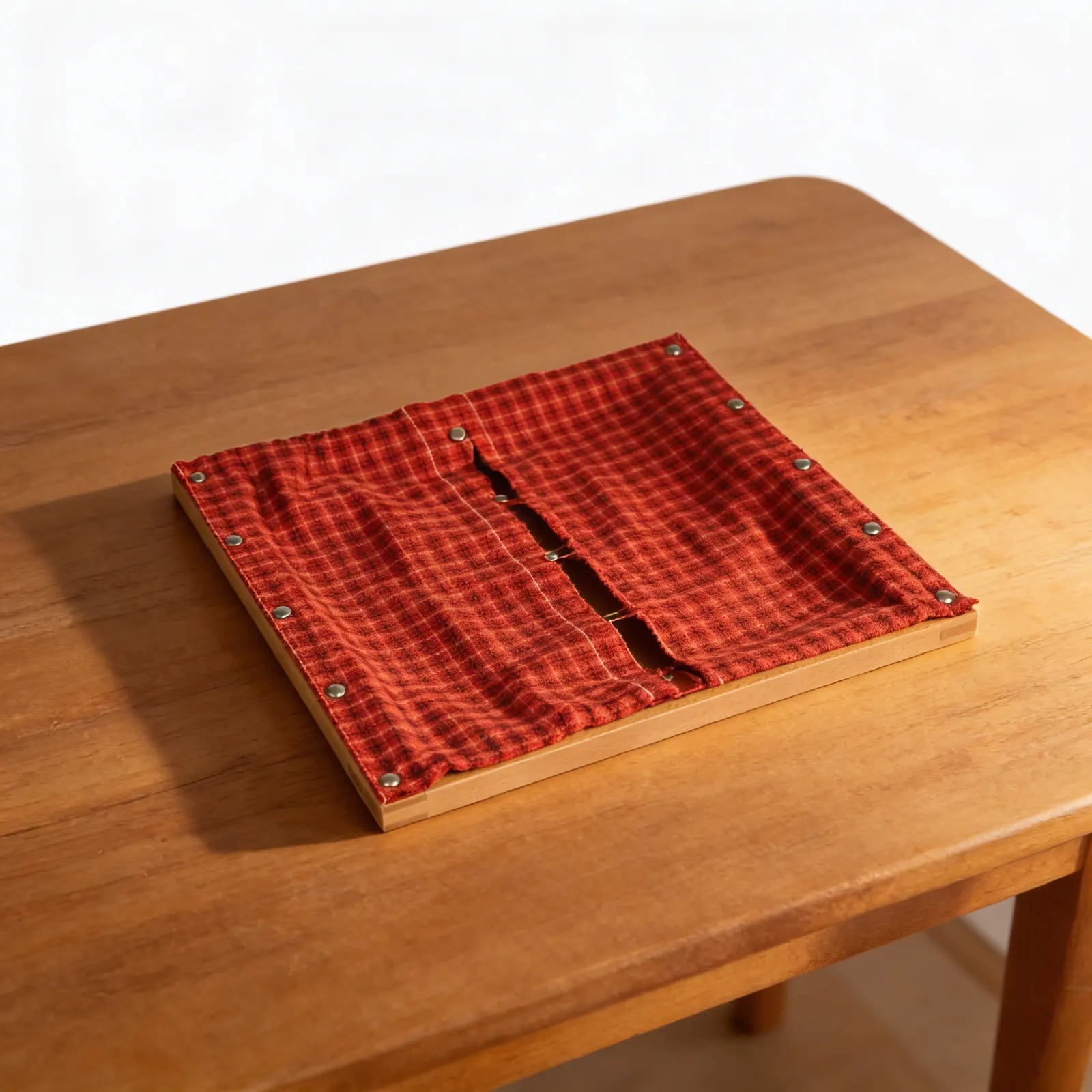 Dressing Frame: Snaps: Metal Snap Fasteners on Red & Black Plaid: Detail view
