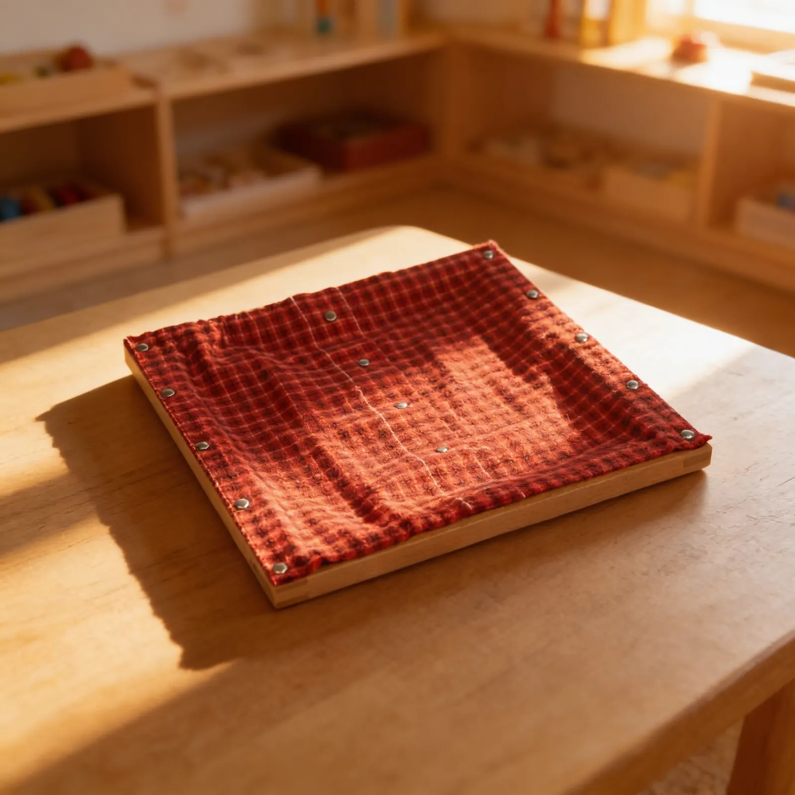 Dressing Frame: Snaps: Metal Snap Fasteners on Red & Black Plaid: Child learning