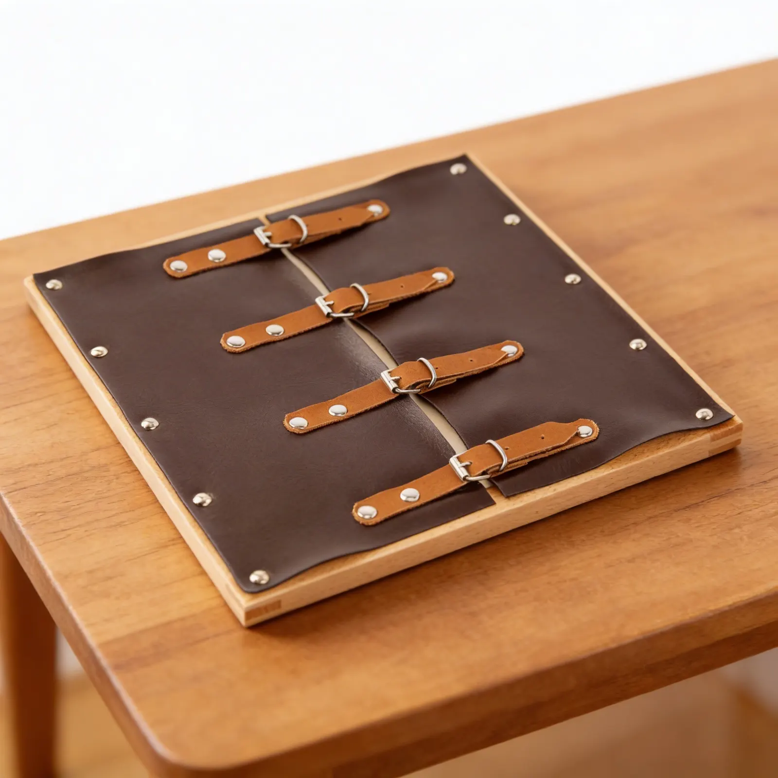 Dressing Frame: Buckles: Four Metal Buckles on Leather Straps: Detail view
