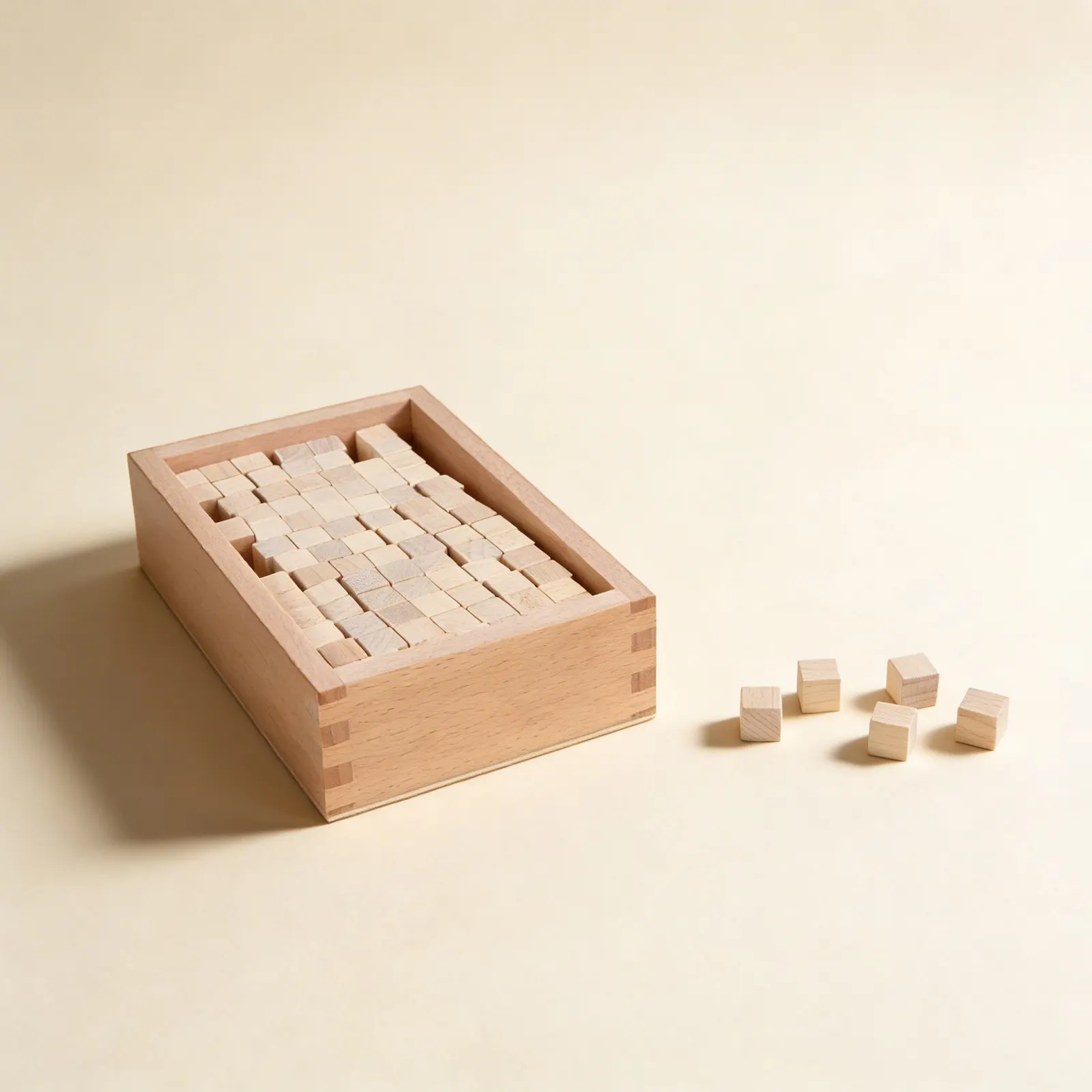 Pink Tower Extension Cubes: 100 Wooden Cubes in Storage Box: Side view
