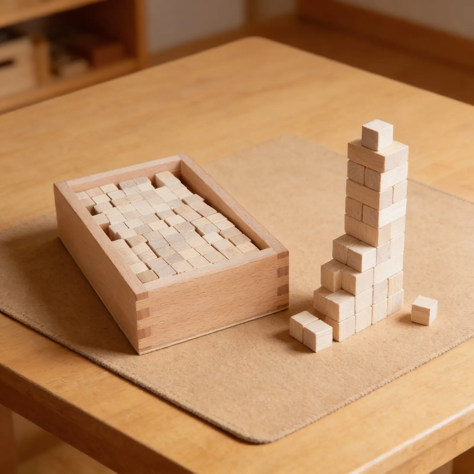 Pink Tower Extension Cubes: 100 Wooden Cubes in Storage Box: Detail view