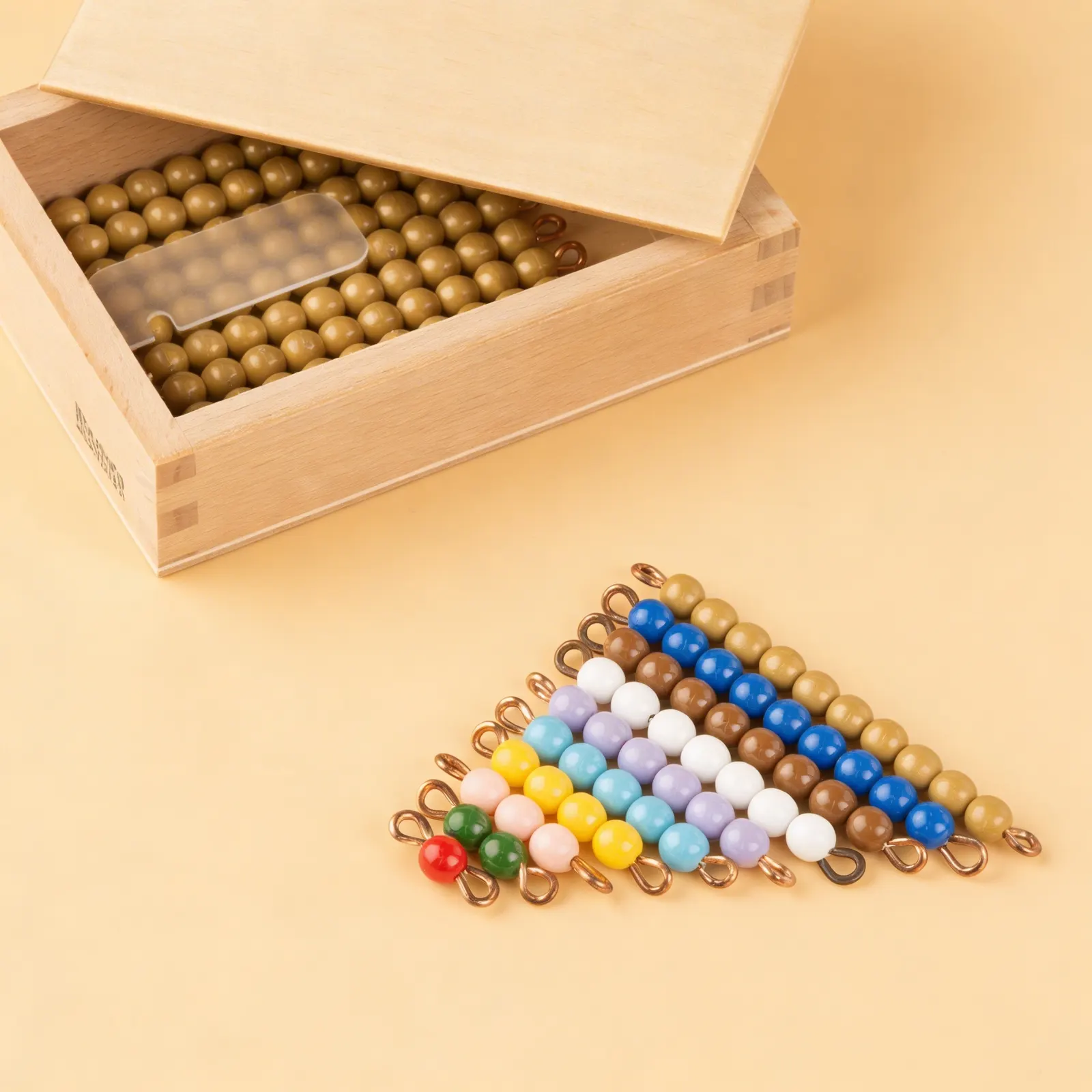 Teen Bead Box: Golden Ten-Chains & Coloured Bead Stair: Side view