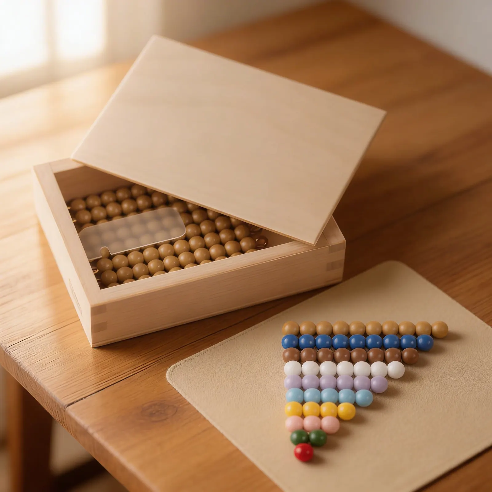 Teen Bead Box: Golden Ten-Chains & Coloured Bead Stair: Detail view