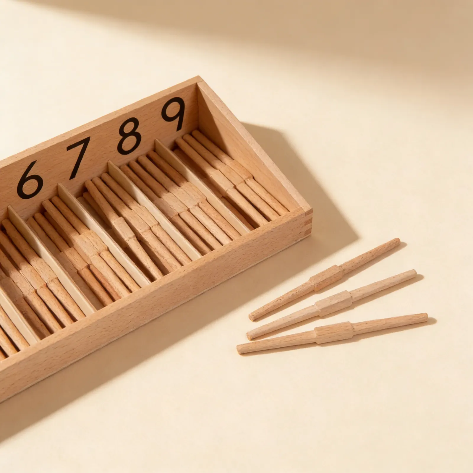 Spindle Box: Zero Concept & Counting Practice with Wooden Spindles: Side view