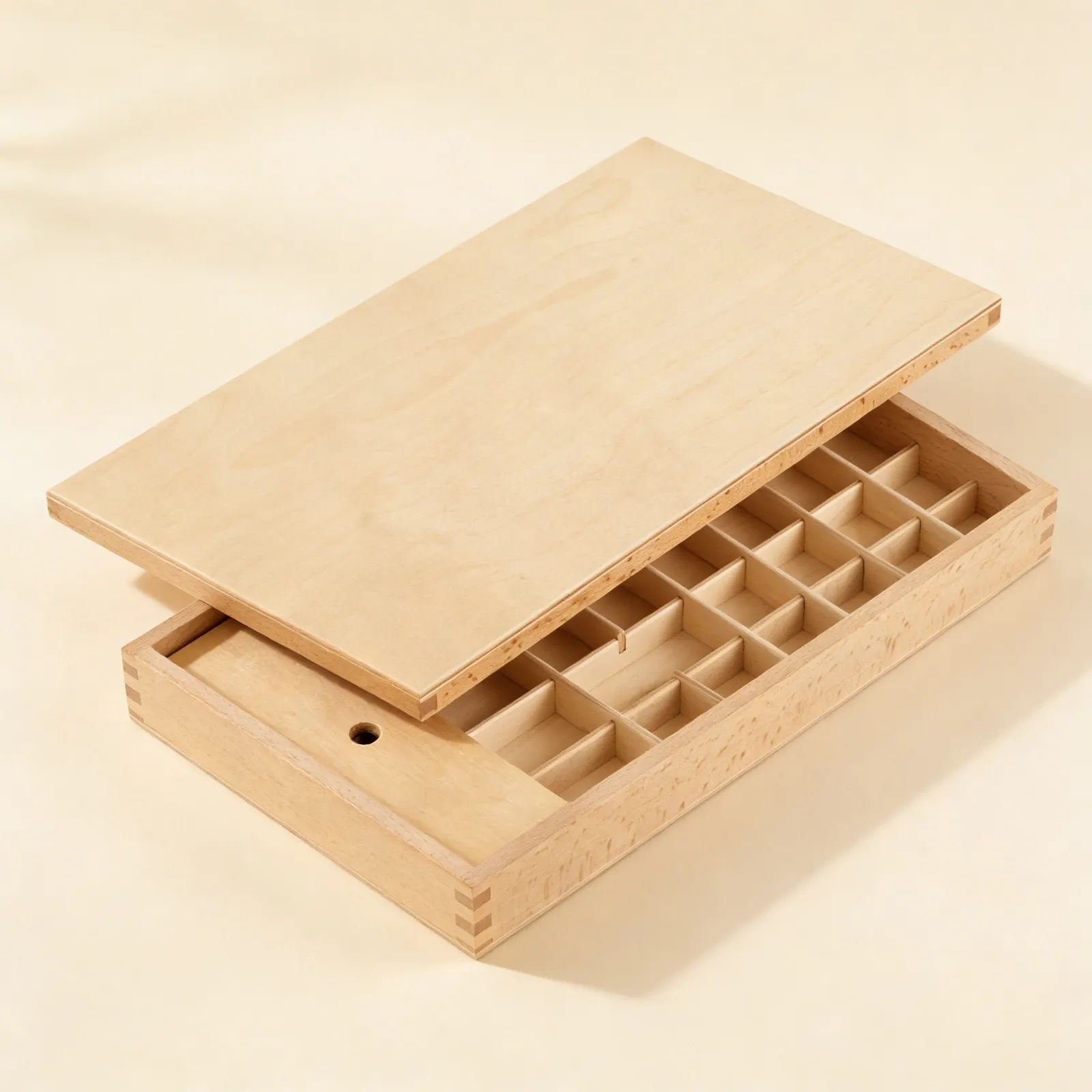 Small Movable Alphabet Box: Wooden Storage with Sliding Lid: Side view