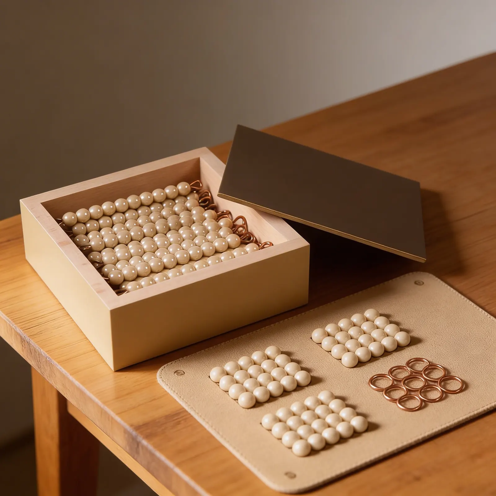 Golden Bead Bars: 45 Tens with Individual Glass Beads in Box: Detail view