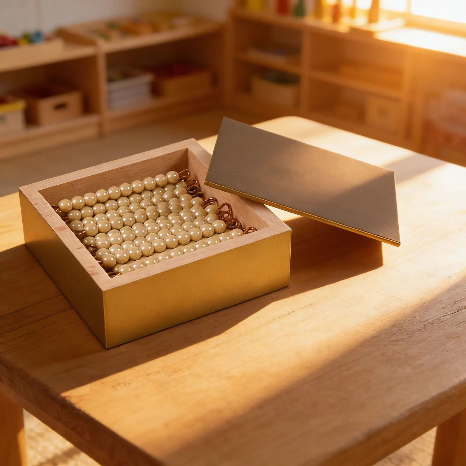 Golden Bead Bars: 45 Tens with Individual Glass Beads in Box: Child learning