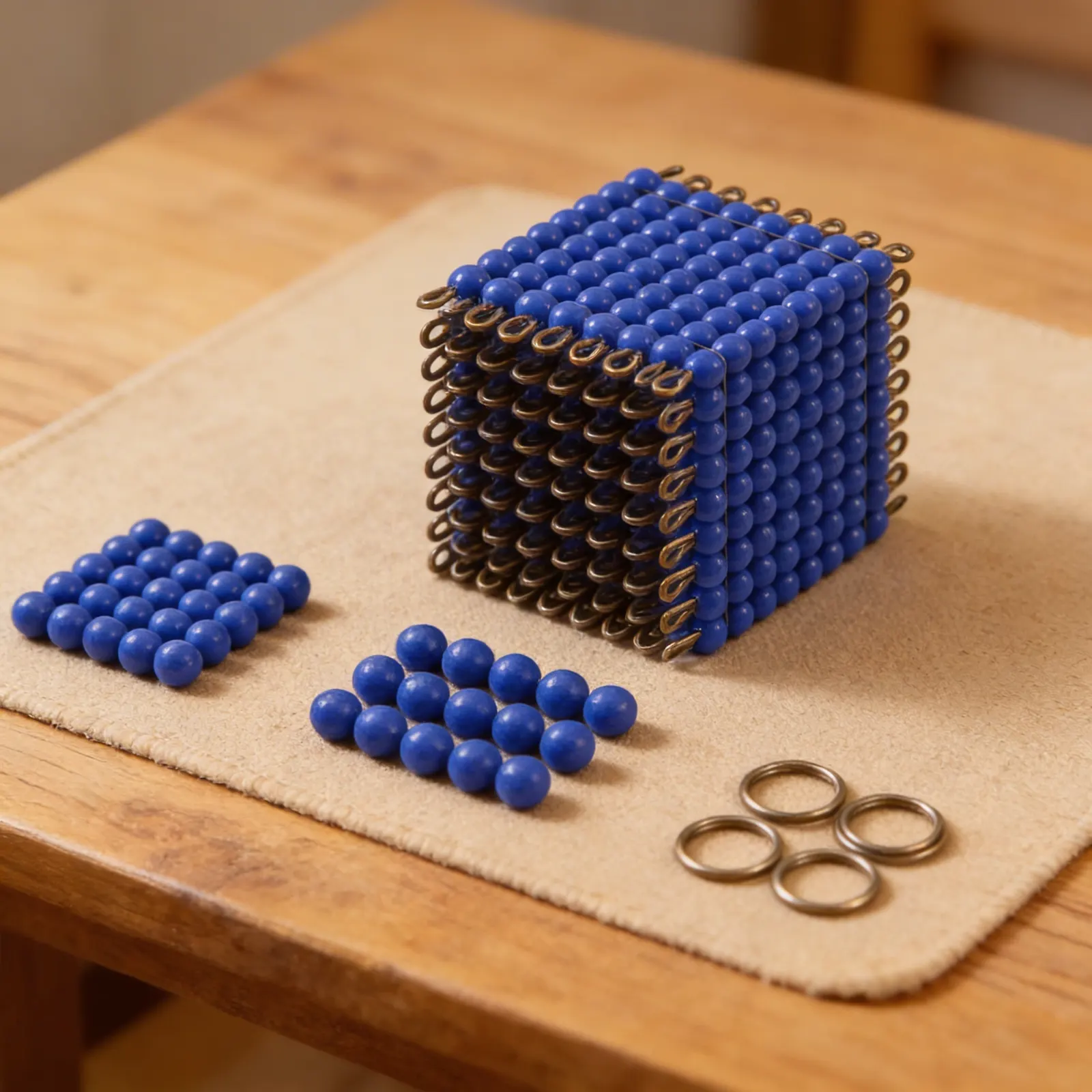 Glass Bead Cube of 9: Dark Blue Wire Frame Representing 729 Units: Detail view