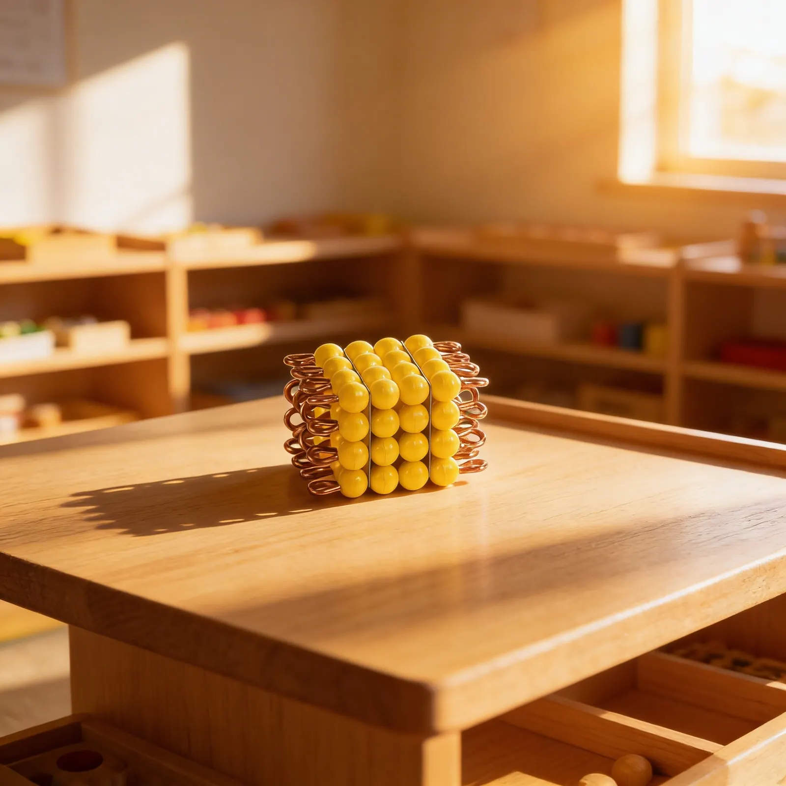 Nylon Bead Cube of 4: Yellow Wire-Threaded Sensorial Mathematics: Child learning