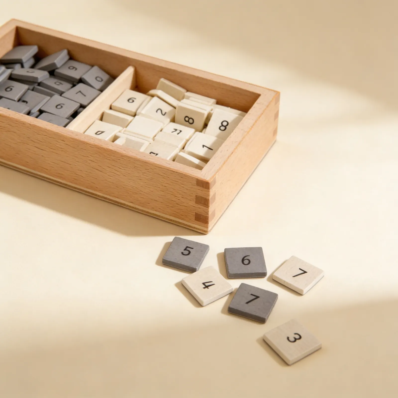 Number Tiles Box: Grey and White, Black Numerals: Side view