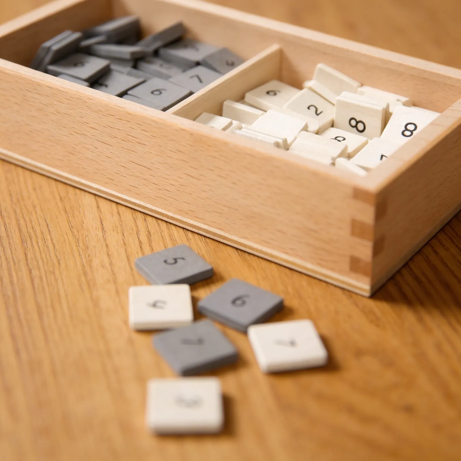 Number Tiles Box: Grey and White, Black Numerals: Detail view