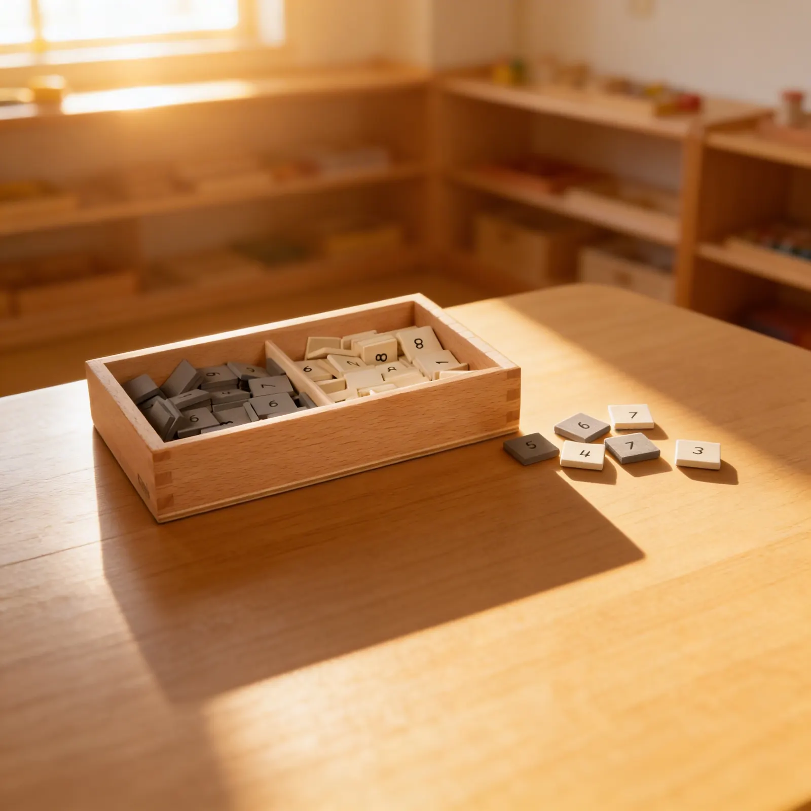 Number Tiles Box: Grey and White, Black Numerals: Child learning