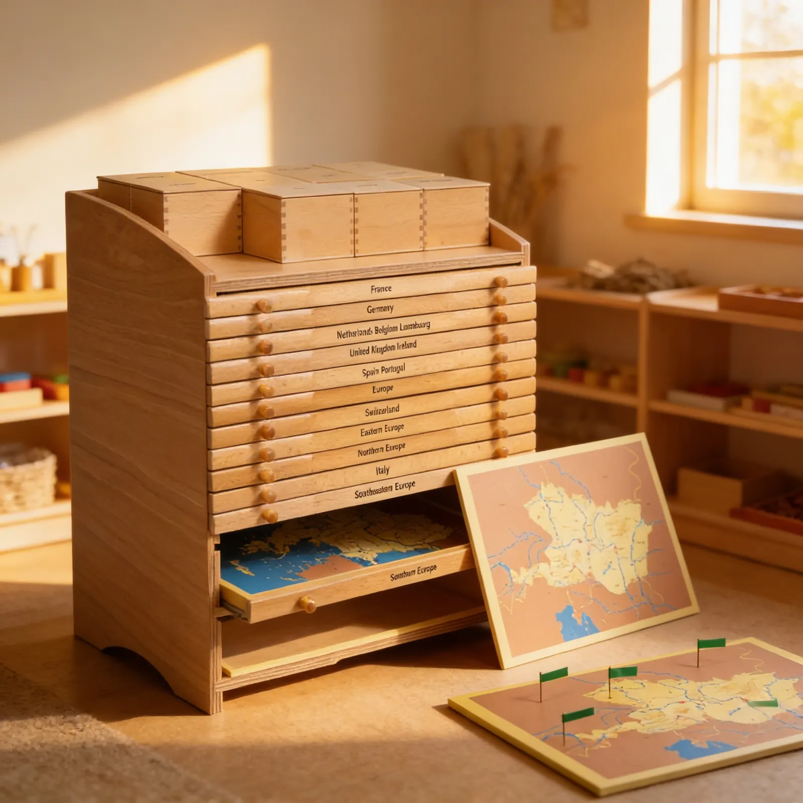Europe Geography Cabinet: Storage for Puzzle Map & Materials: Child learning