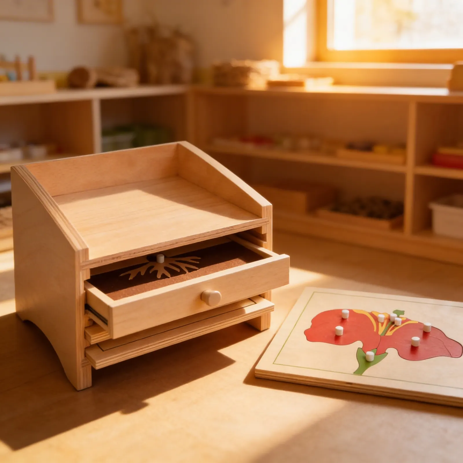 Skříňka na botanické skládačky: čtyři přihrádky: Při použití