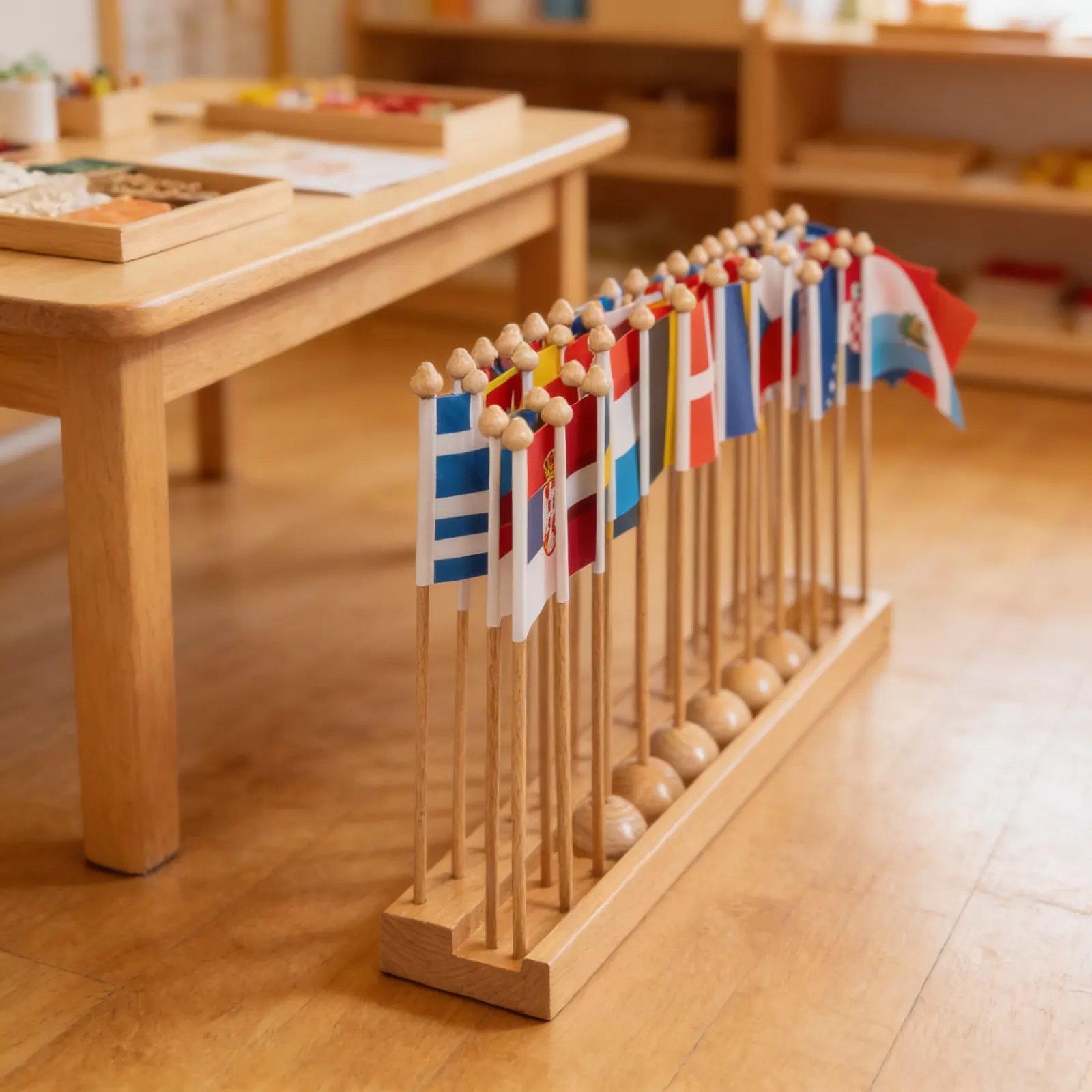 Flag Stand of Europe: Wooden Display for European Geography: Detail view