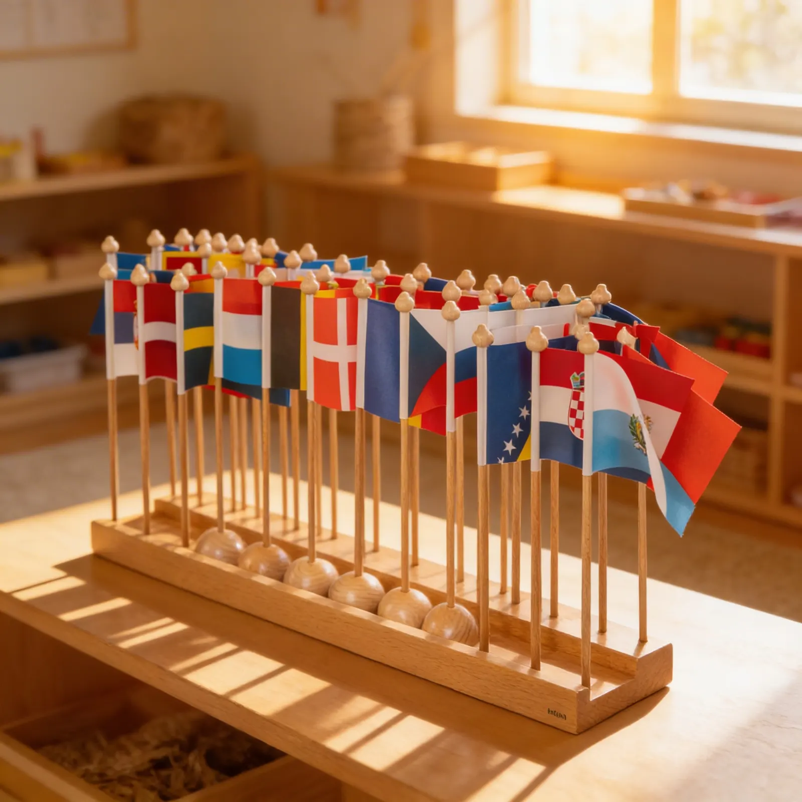 Flag Stand of Europe: Wooden Display for European Geography: Child learning