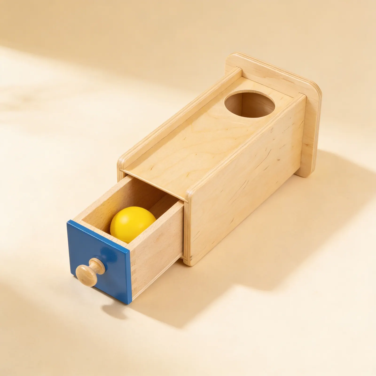 Object Permanence Box: Ball Drop with Sliding Drawer: Side view