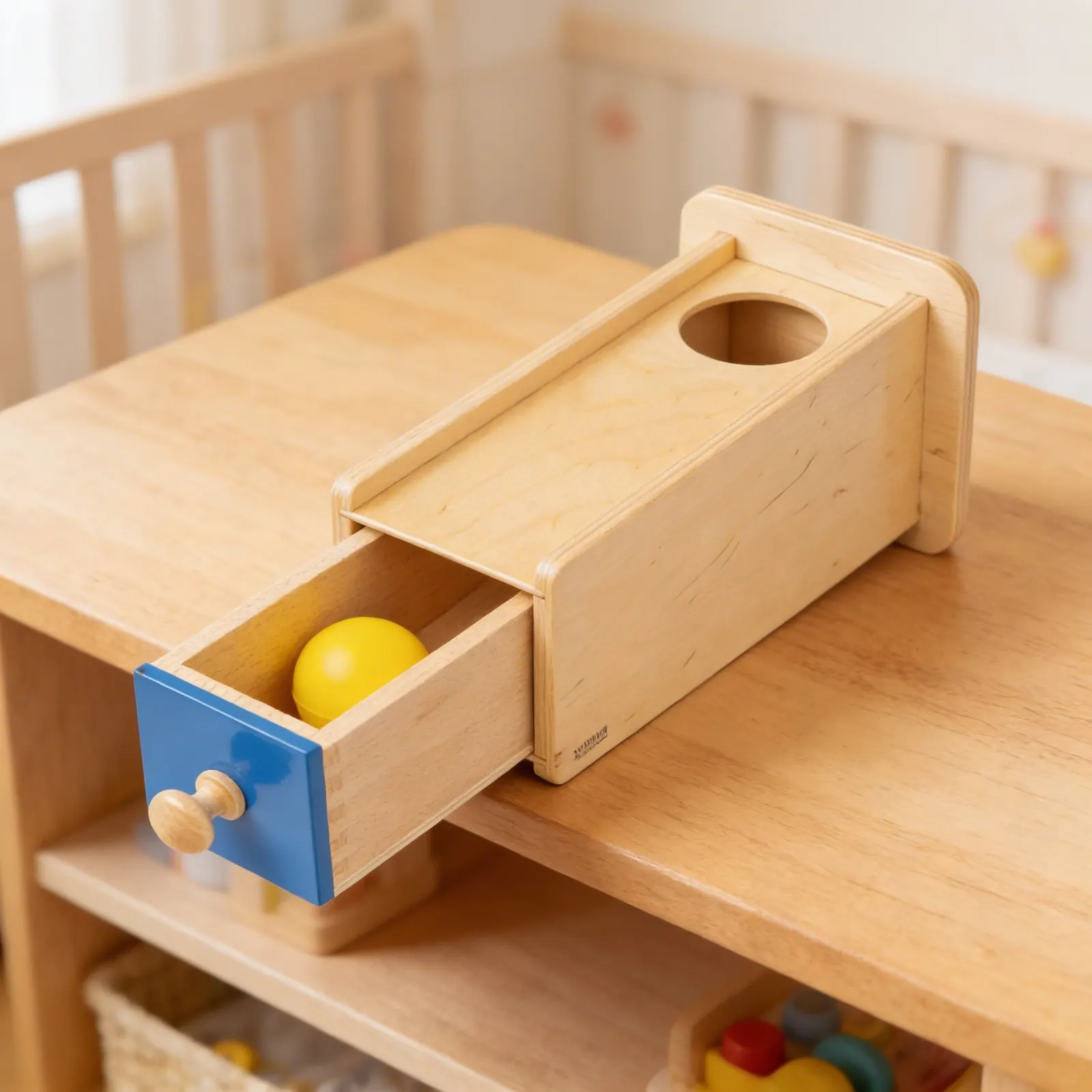 Object Permanence Box: Ball Drop with Sliding Drawer: Detail view