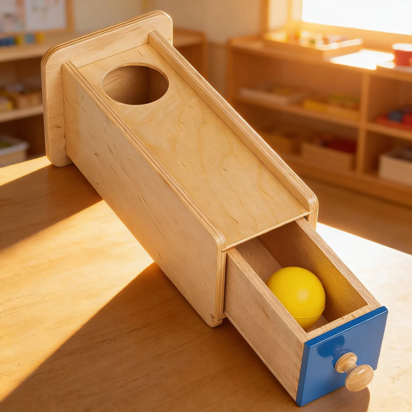 Object Permanence Box: Ball Drop with Sliding Drawer: Child learning