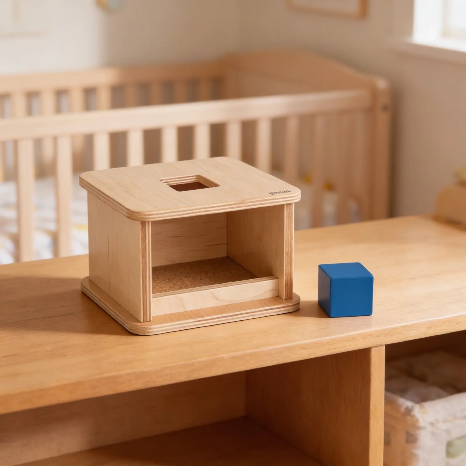 Imbucare Box with Cube: Object Permanence & Square Shape: Detail view