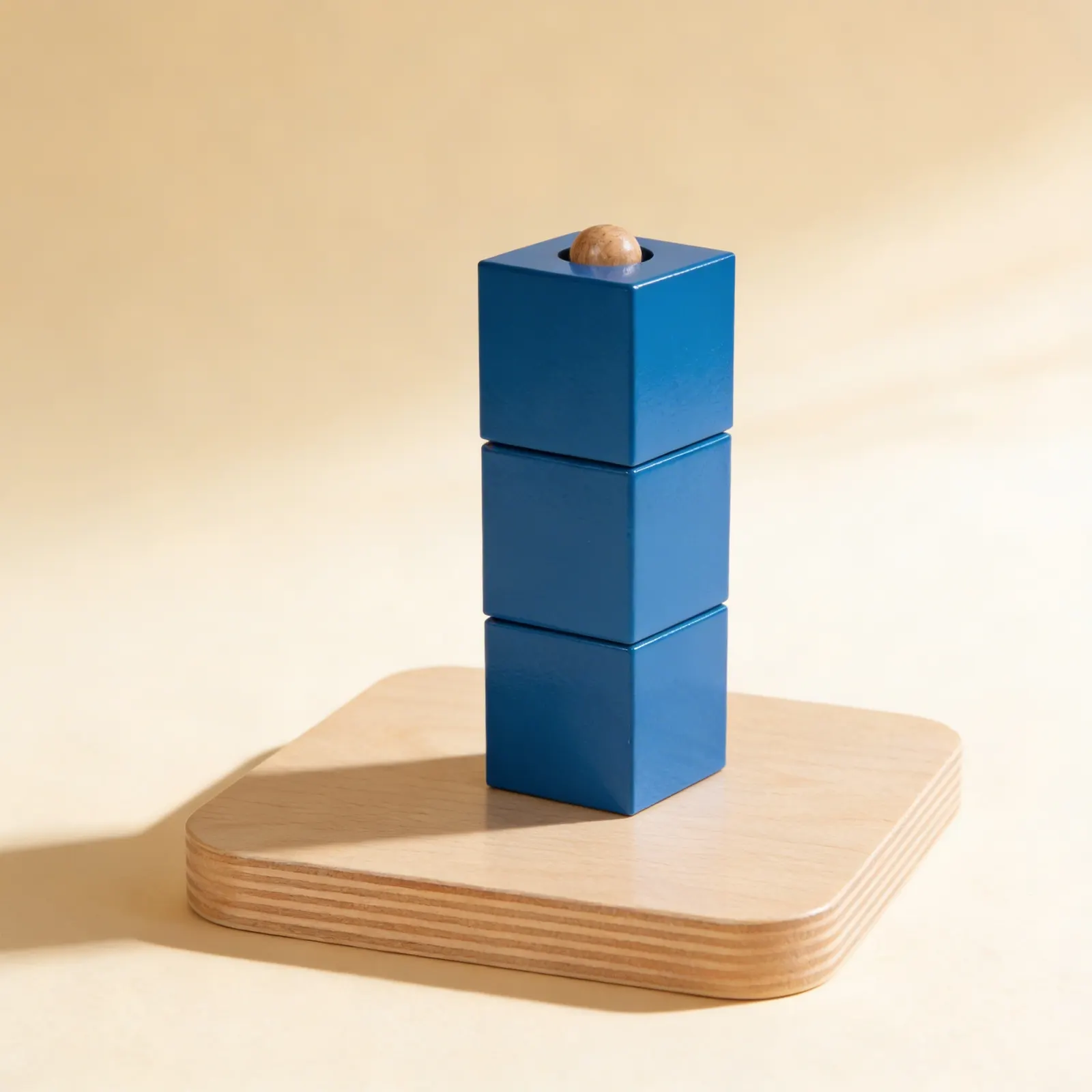 Cube Stacking Dowel: Three Blue Cubes with Wooden Sphere: Side view