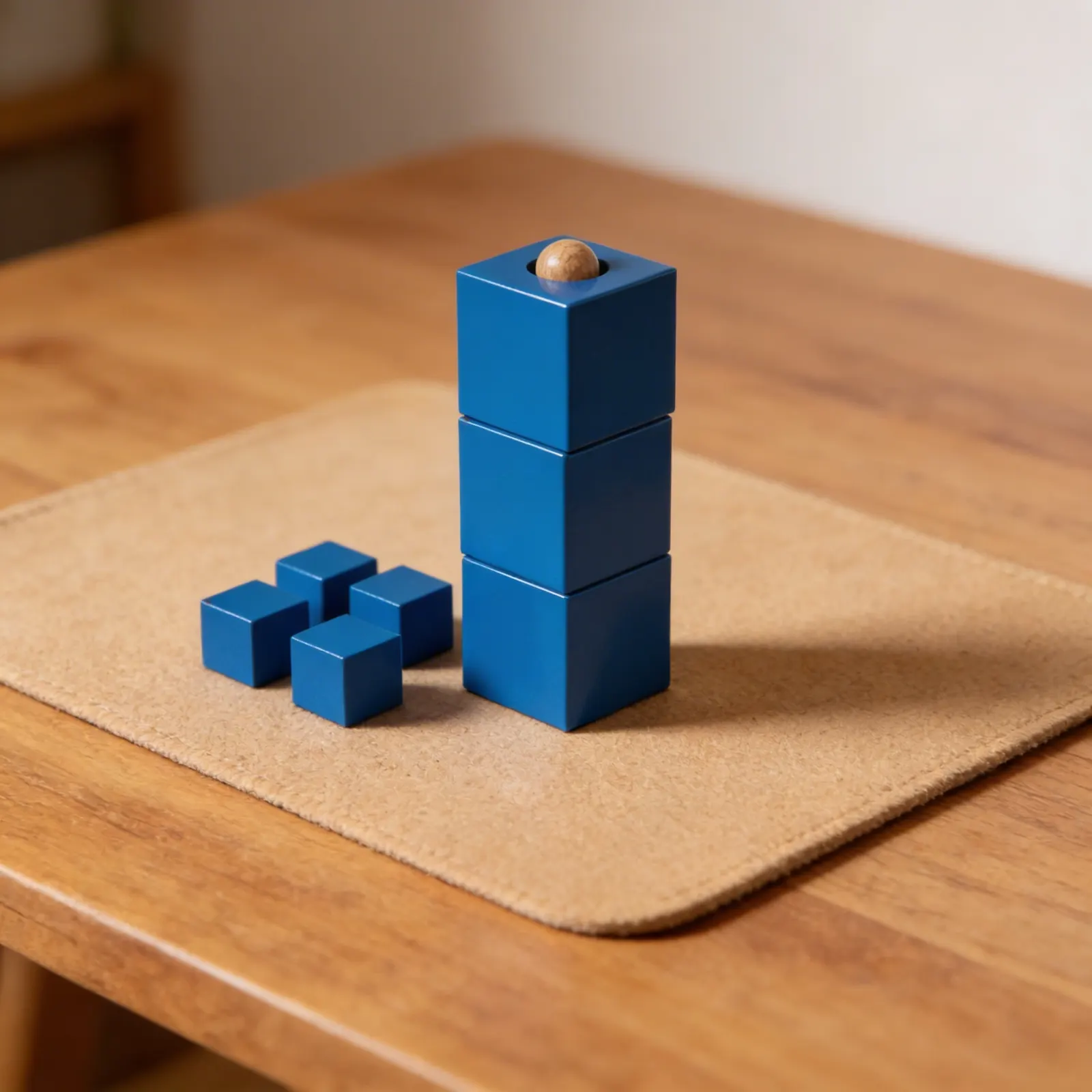 Cube Stacking Dowel: Three Blue Cubes with Wooden Sphere: Detail view