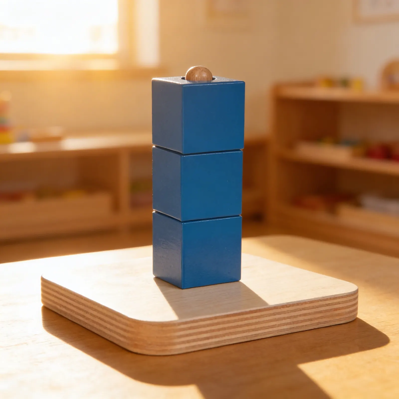 Cube Stacking Dowel: Three Blue Cubes with Wooden Sphere: Child learning