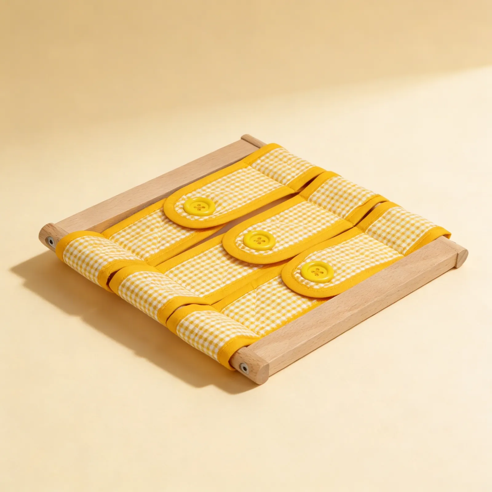 Dressing Frame: 3 Buttons: Yellow Gingham Fine Motor Practice: Side view