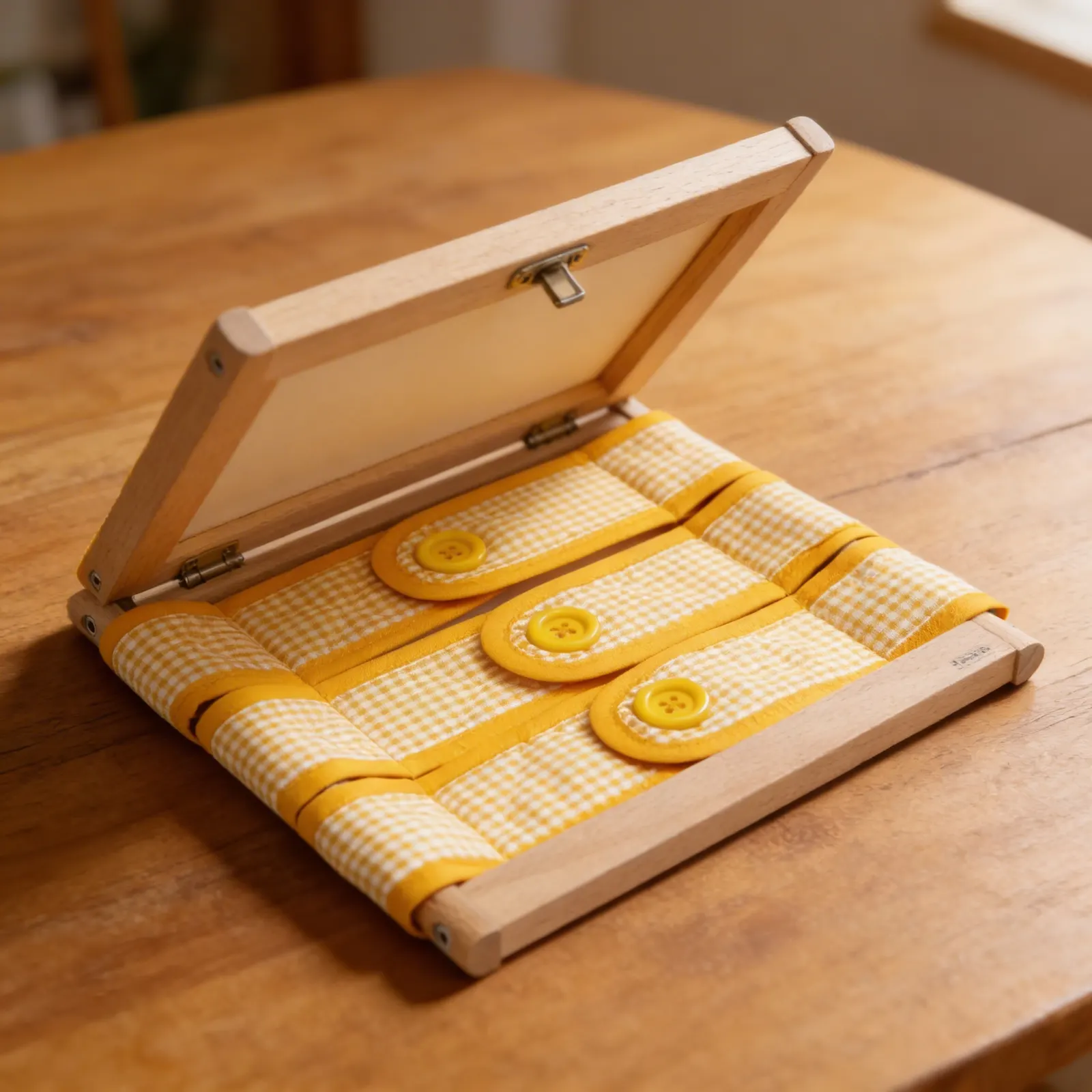 Dressing Frame: 3 Buttons: Yellow Gingham Fine Motor Practice: Detail view