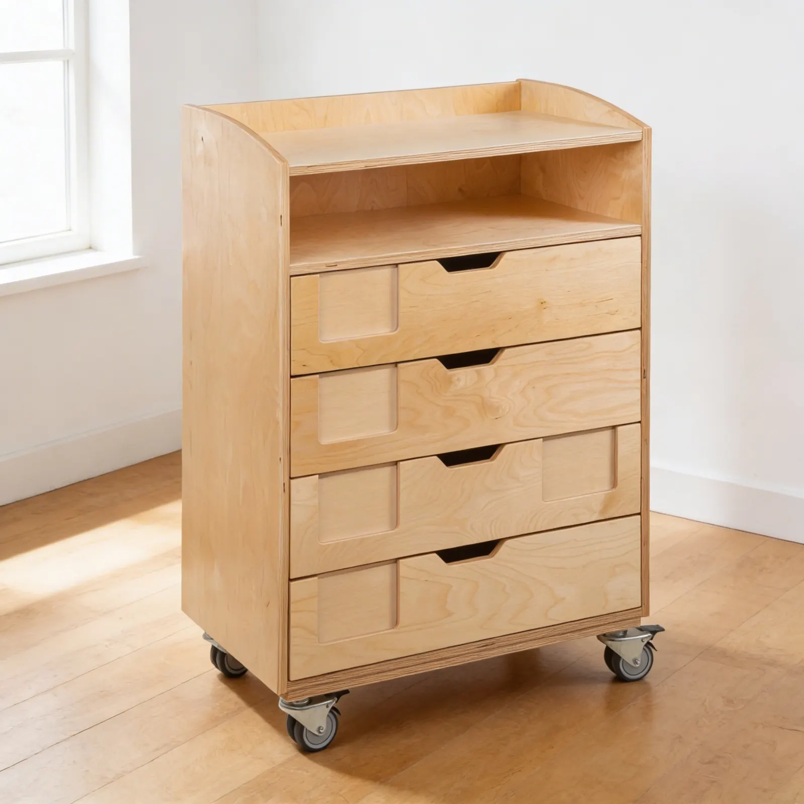 Mobile English Cabinet: 4 Drawers with Open Shelf on Casters: Side view
