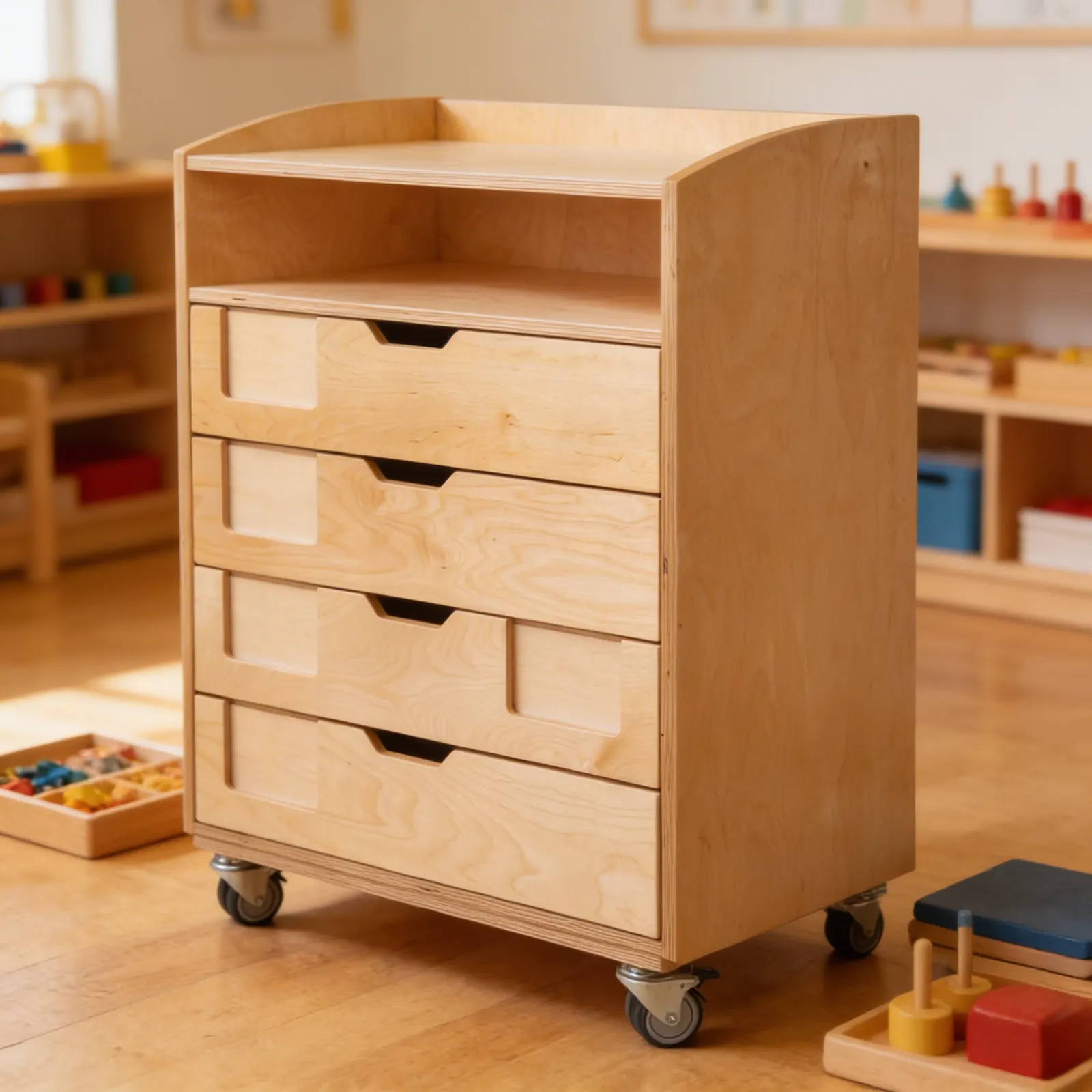Mobile English Cabinet: 4 Drawers with Open Shelf on Casters: Detail view