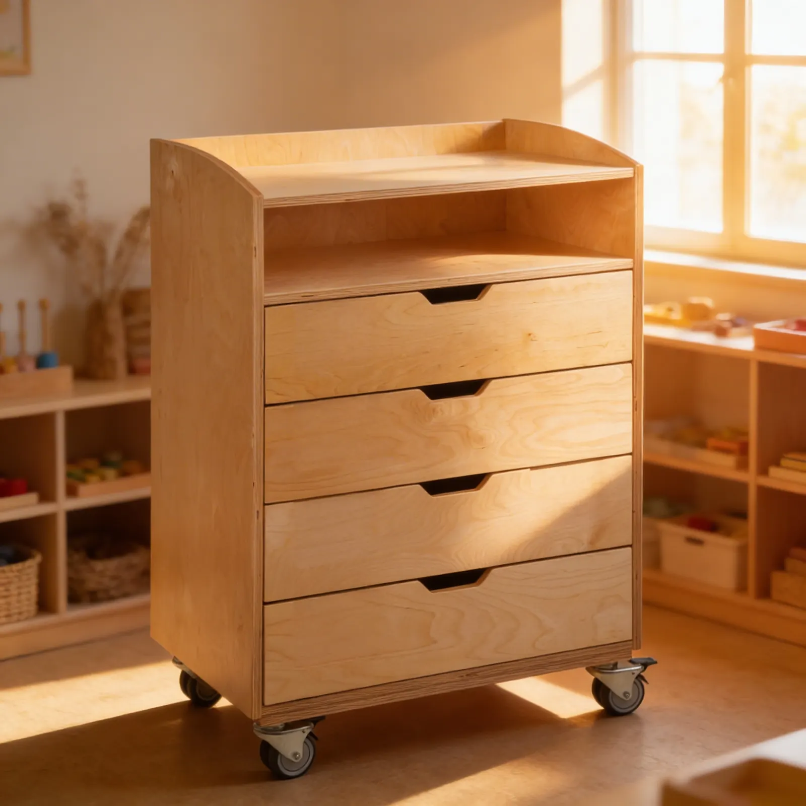 Mobile English Cabinet: 4 Drawers with Open Shelf on Casters: Child learning
