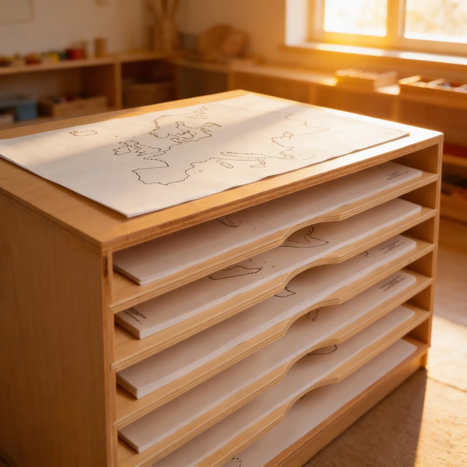 Map Cabinet: Wooden Storage for Geographic Paper Materials: Child learning