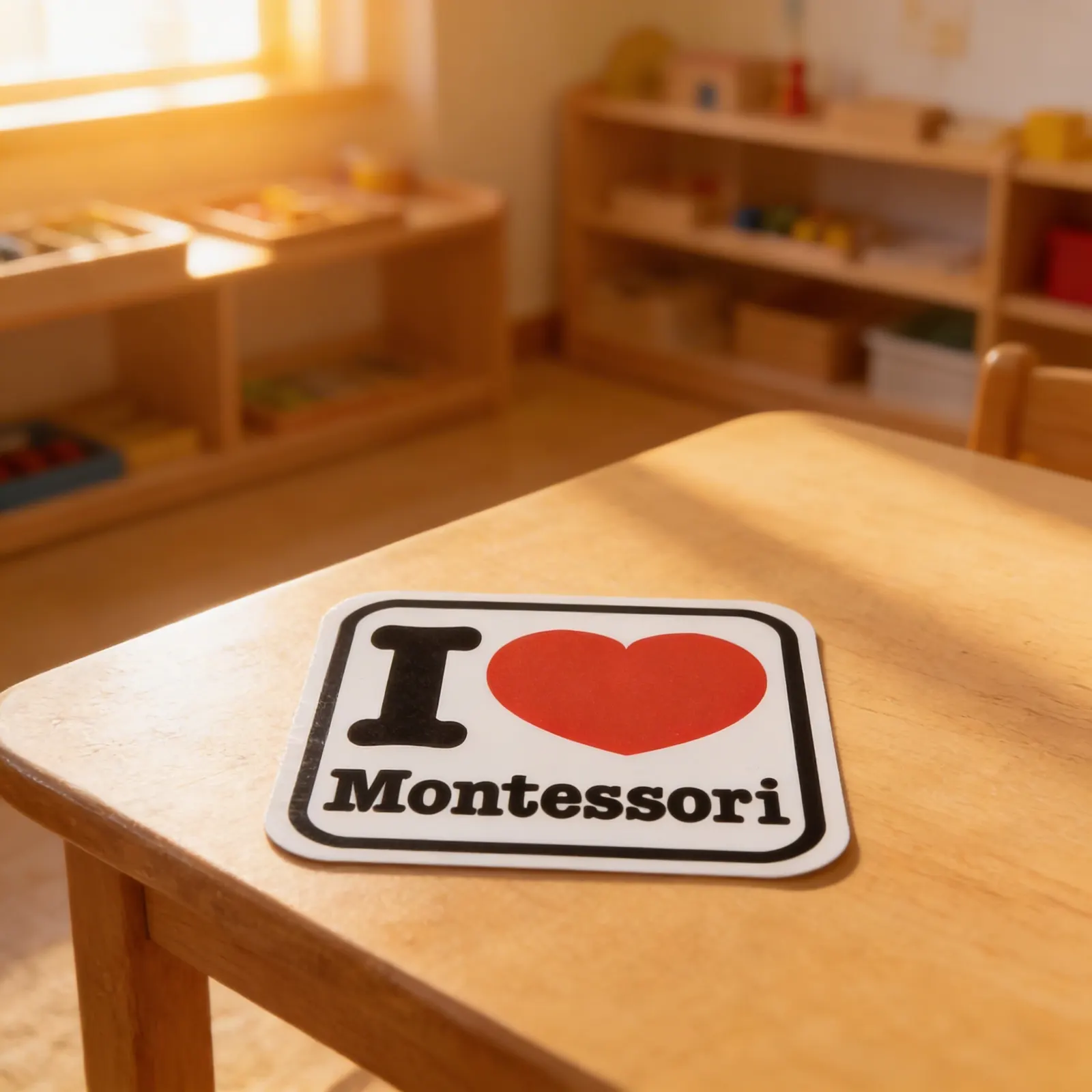Vinylová nálepka: Milujem Montessori: Dieťa pri učení