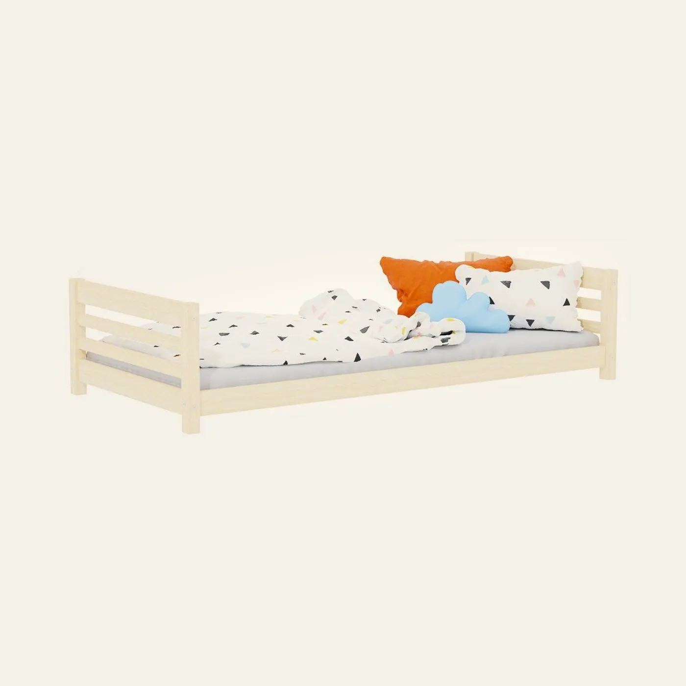 Low children's single bed TULY with headboard, unvarnished, 90x200 cm: Montessori material | Faborino