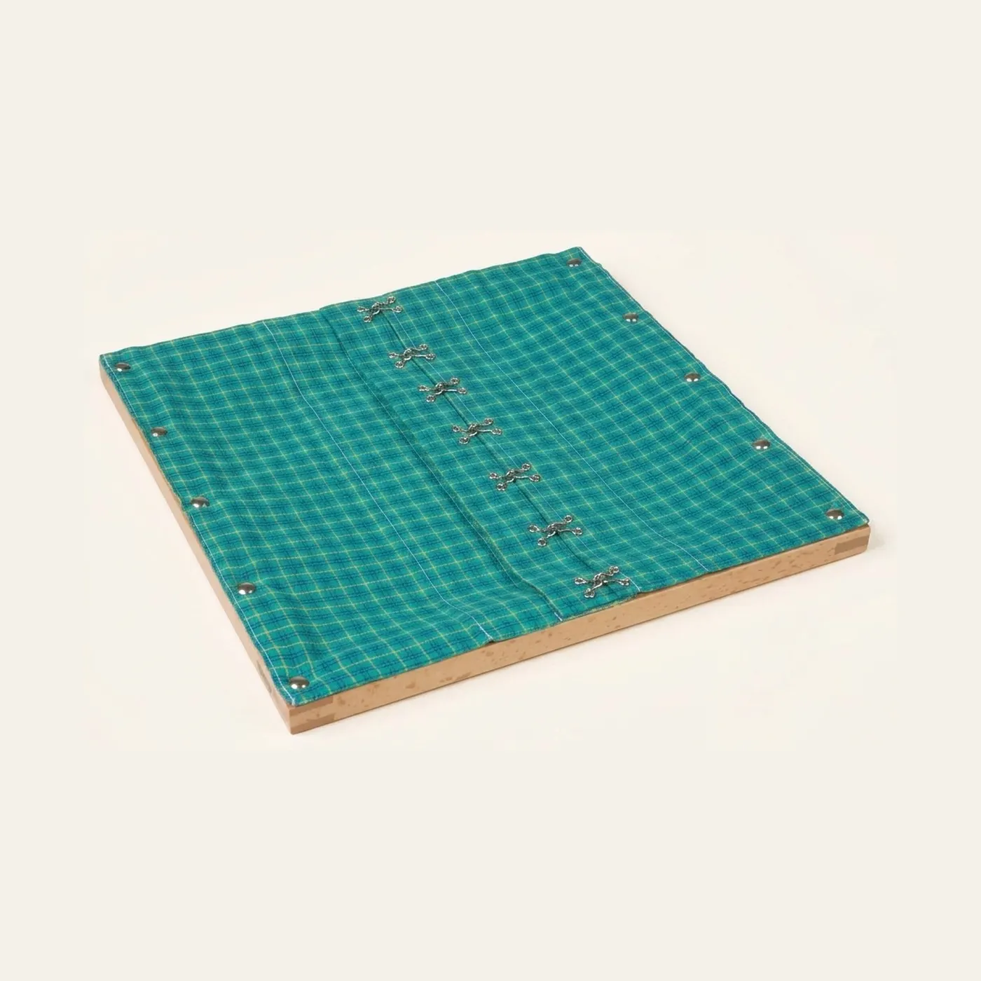 Hook And Eye Frame: Metal Fasteners on Turquoise Plaid Fabric: Montessori material | Faborino