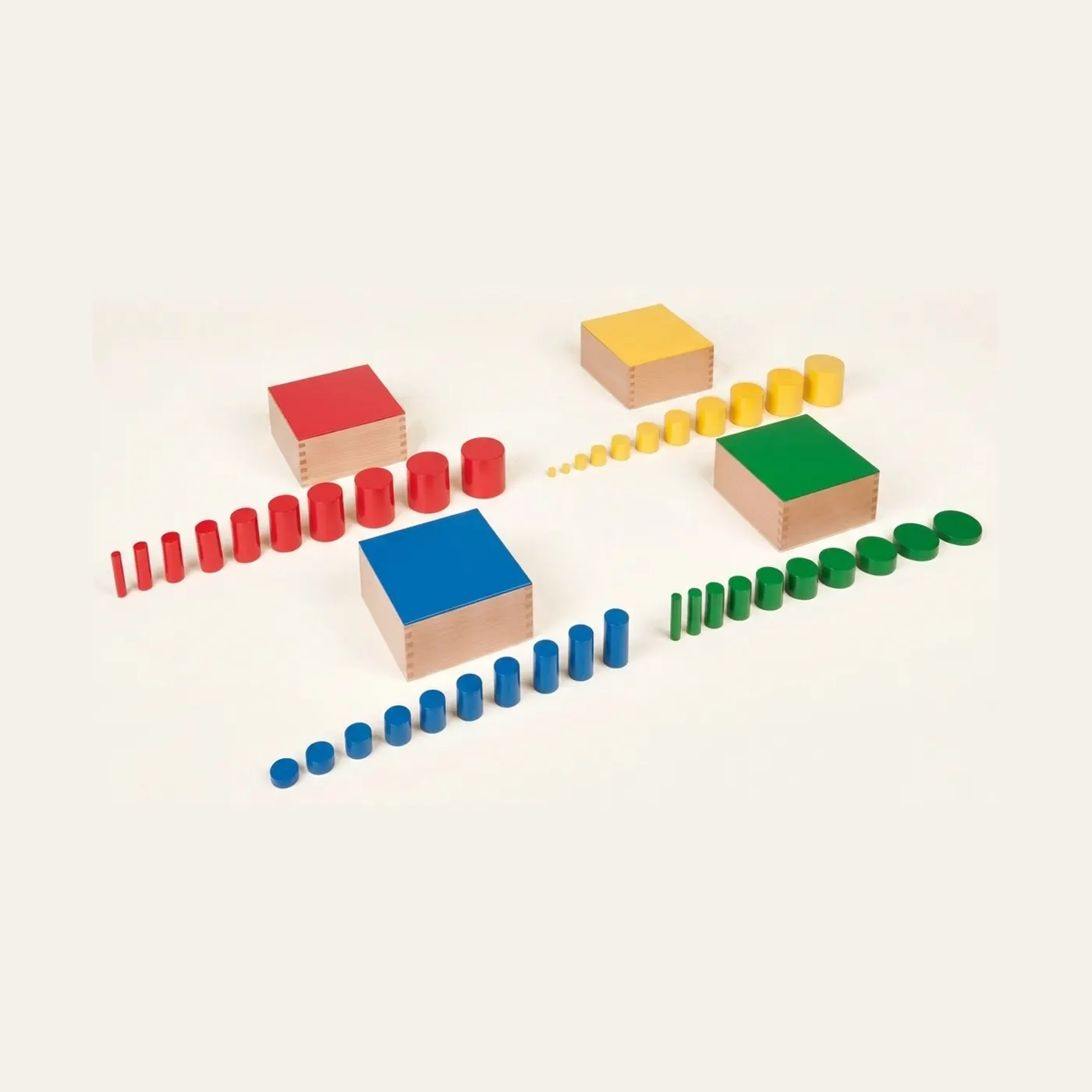 Knobless Cylinders Set: Four Blocks for Dimension Discrimination: Montessori material | Faborino