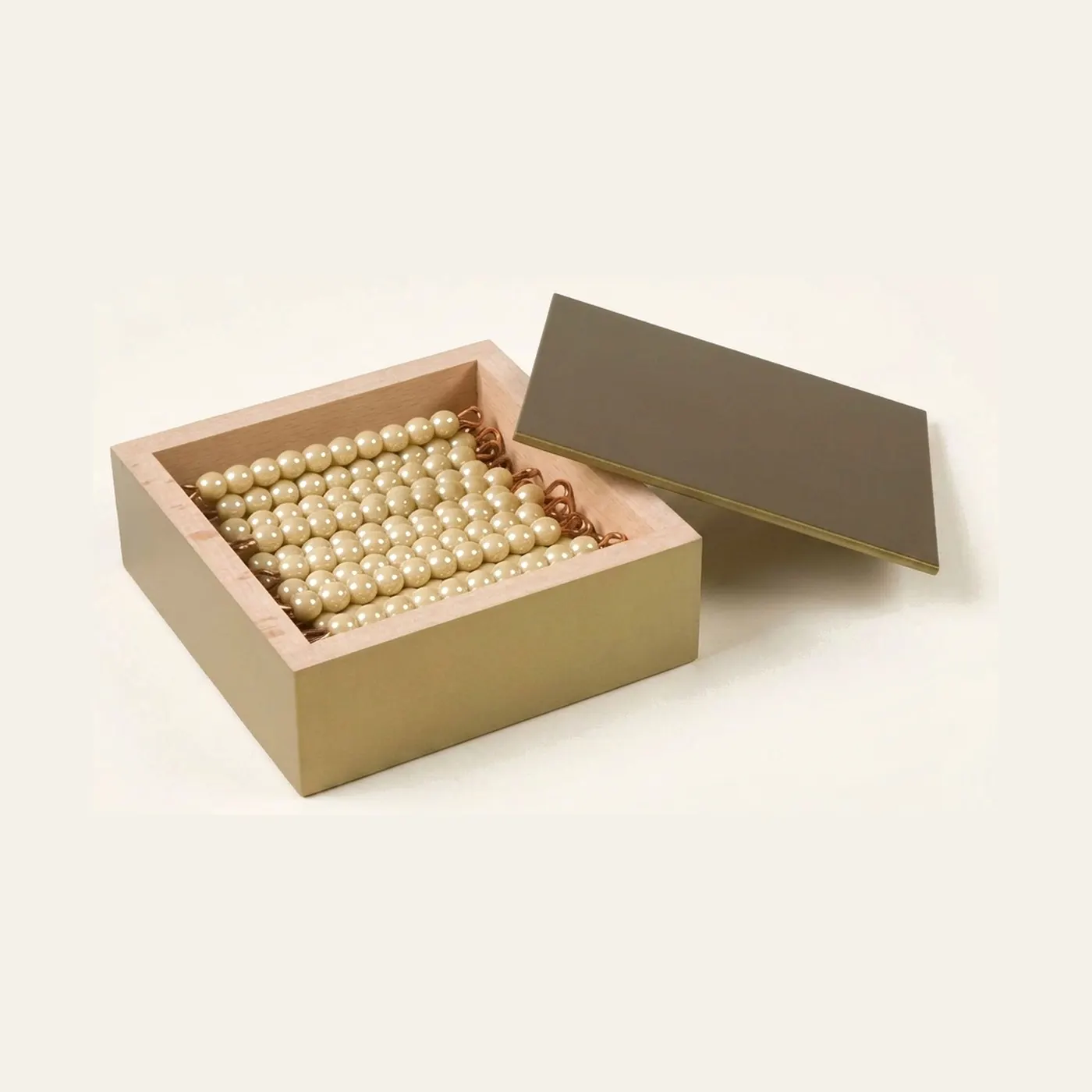 Golden Bead Bars: 45 Tens with Individual Glass Beads in Box: Montessori material | Faborino