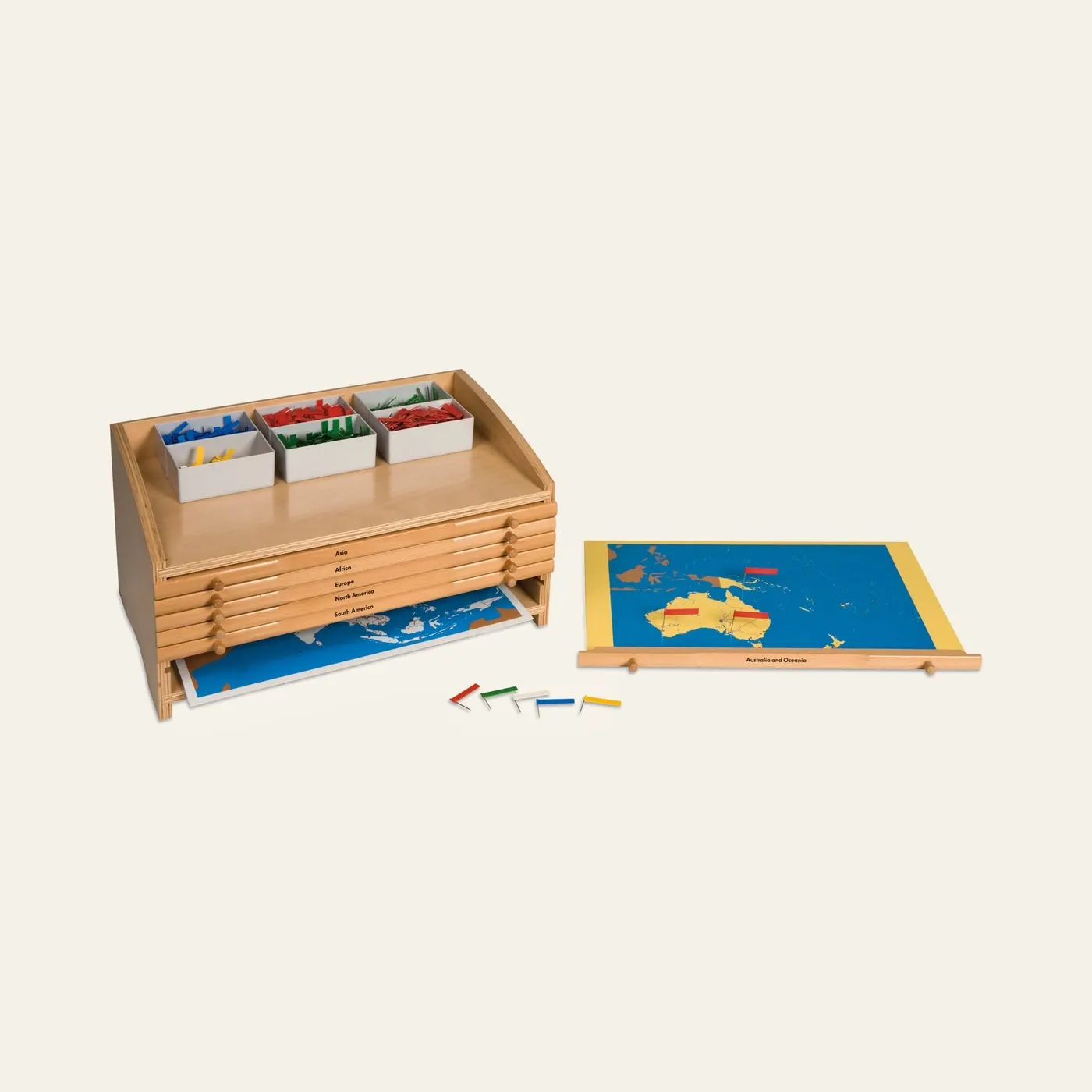 Světová geografická skříňka: kompletní úložiště pro geografii: Montessori pomůcka | Faborino