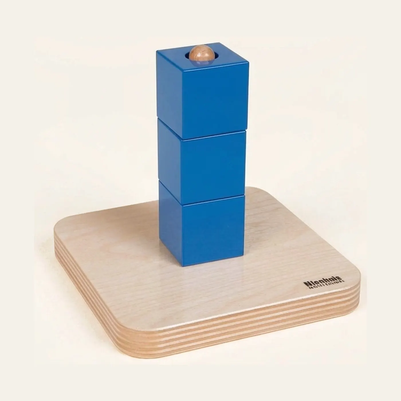 Cube Stacking Dowel: Three Blue Cubes with Wooden Sphere: Montessori material | Faborino