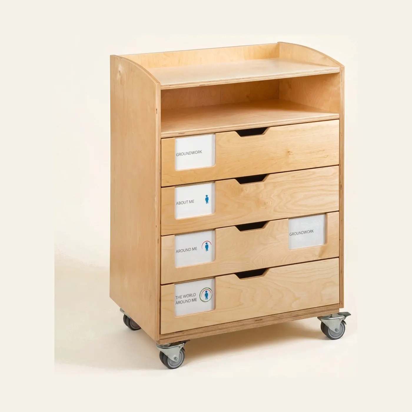 Mobile English Cabinet: 4 Drawers with Open Shelf on Casters: Montessori material | Faborino