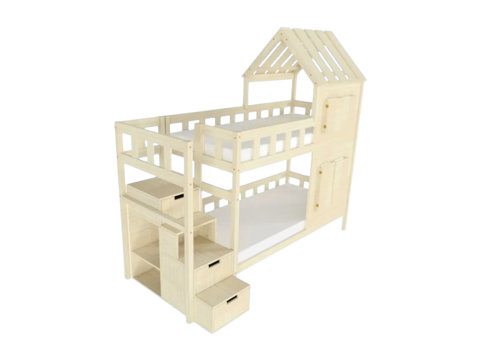 Bunk bed COTTAGE with half roof and storage stairs, unvarnished, left, 90x200 cm: maker's photo