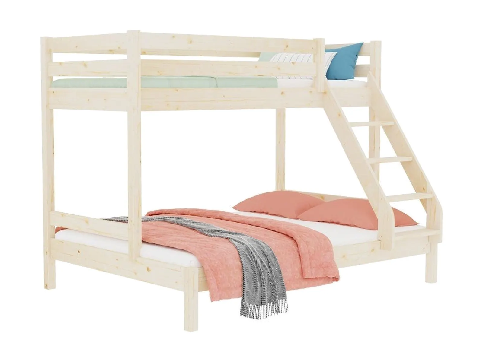 Wooden bunk bed ARARAT for 3 persons, 90x200 and 140x200 cm, transparent oil: maker's photo