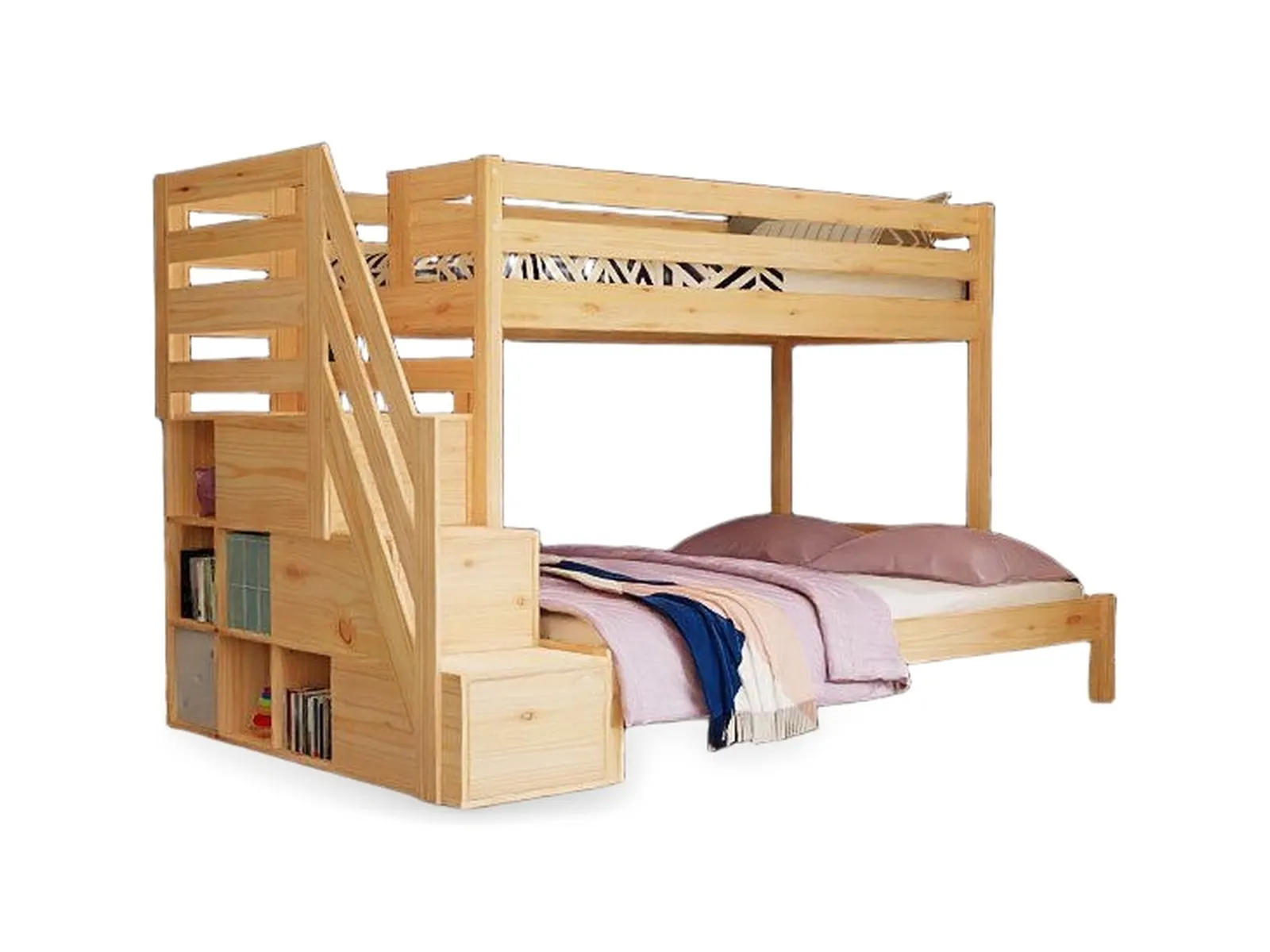 Wooden bunk bed ARARAT for 3 persons with storage space, 90x200 and 140x200 cm, transparent oil: maker's photo