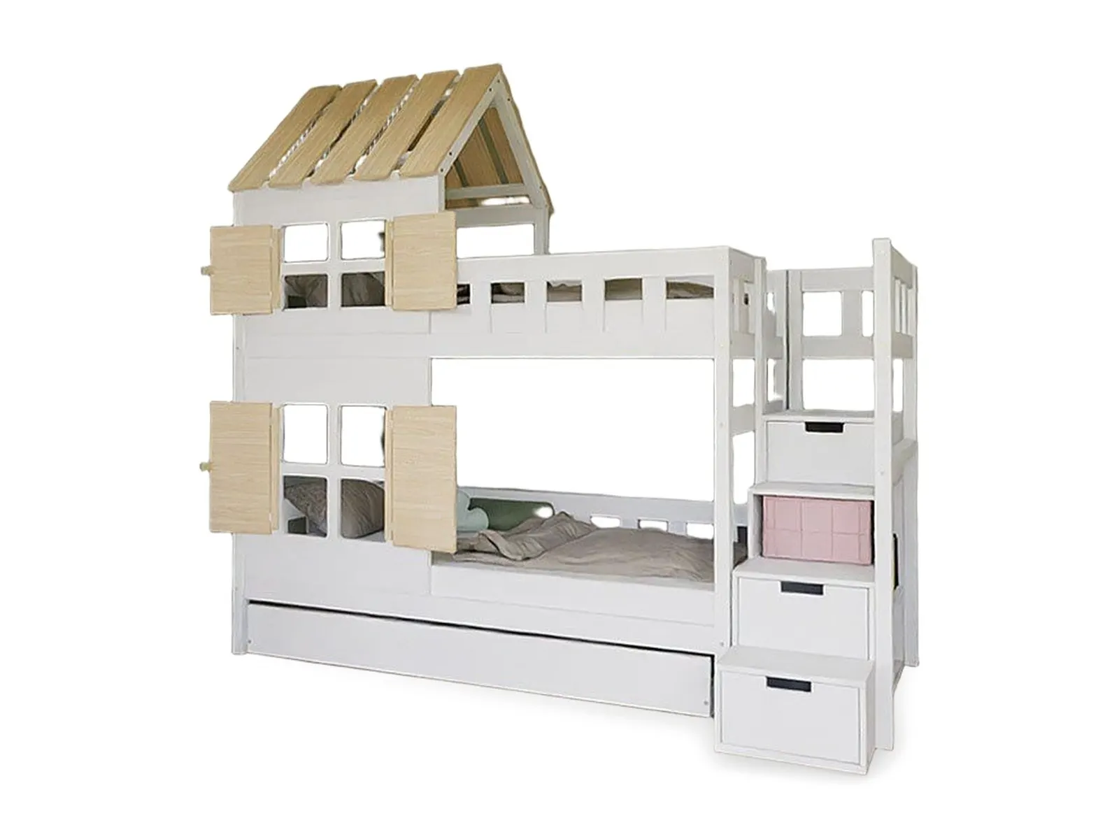Bunk bed COTTAGE with half roof and storage stairs, unvarnished, right, 90x200 cm: maker's photo