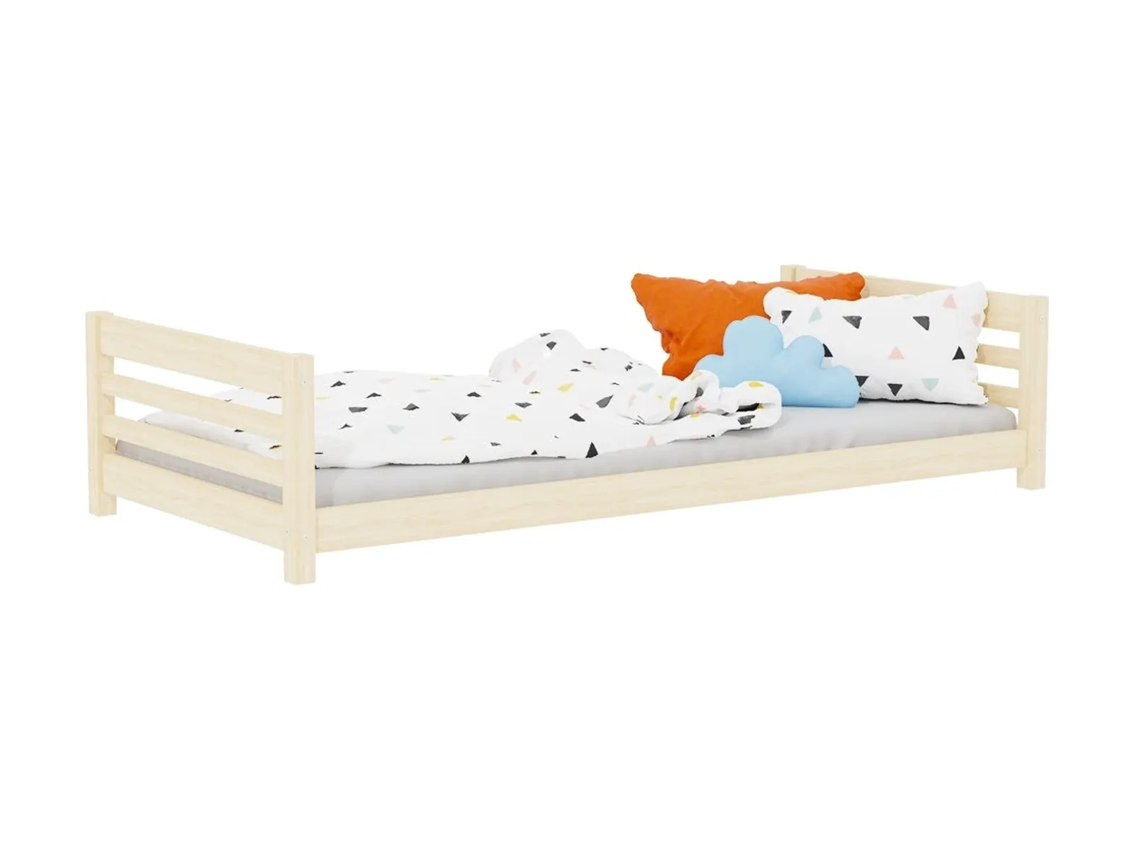 Low children's single bed TULY with headboard and front safety rail, unvarnished, 90x200 cm: maker's photo