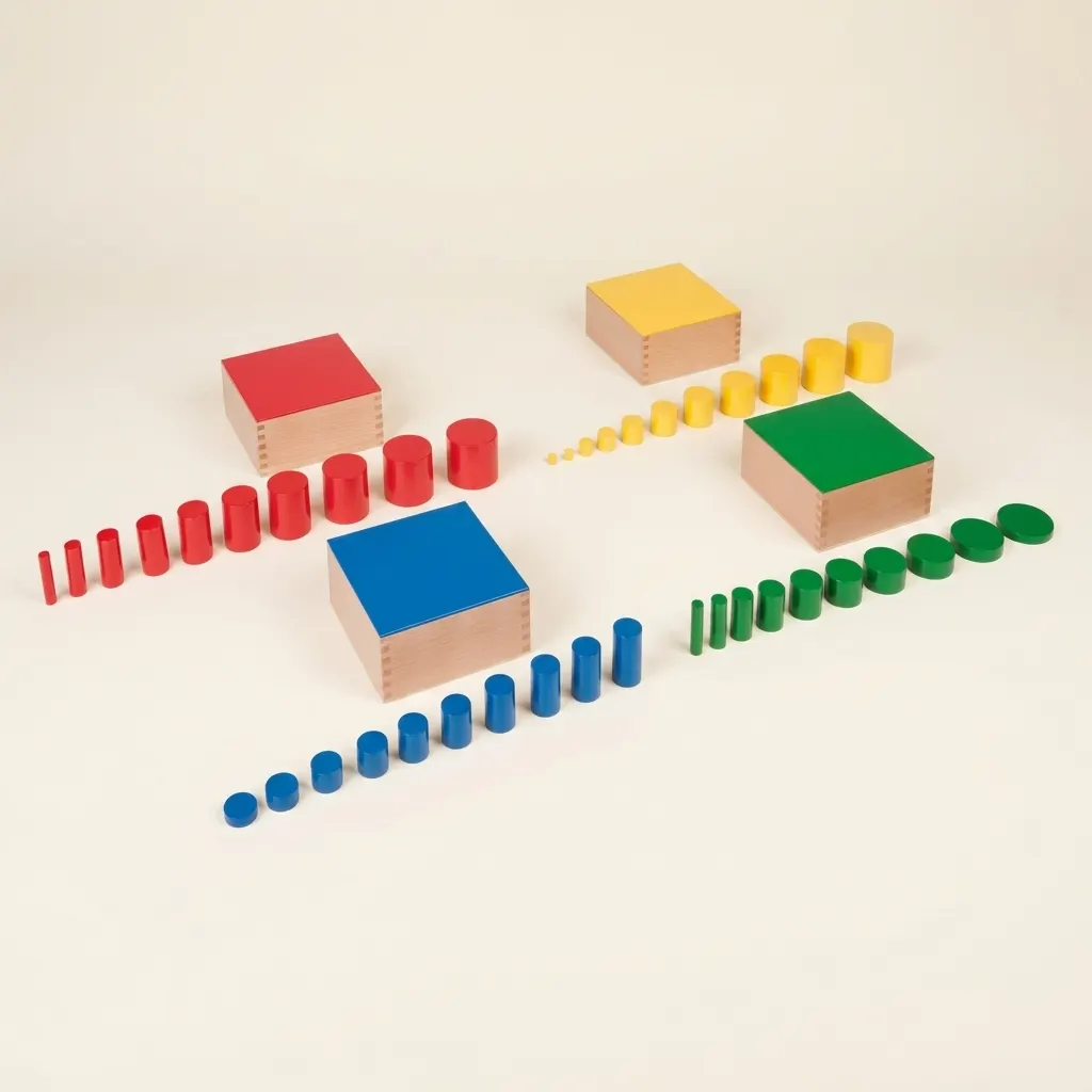 Válečky bez úchytek: Čtyři bloky pro rozlišování rozměrů - Montessori Material | Faborino