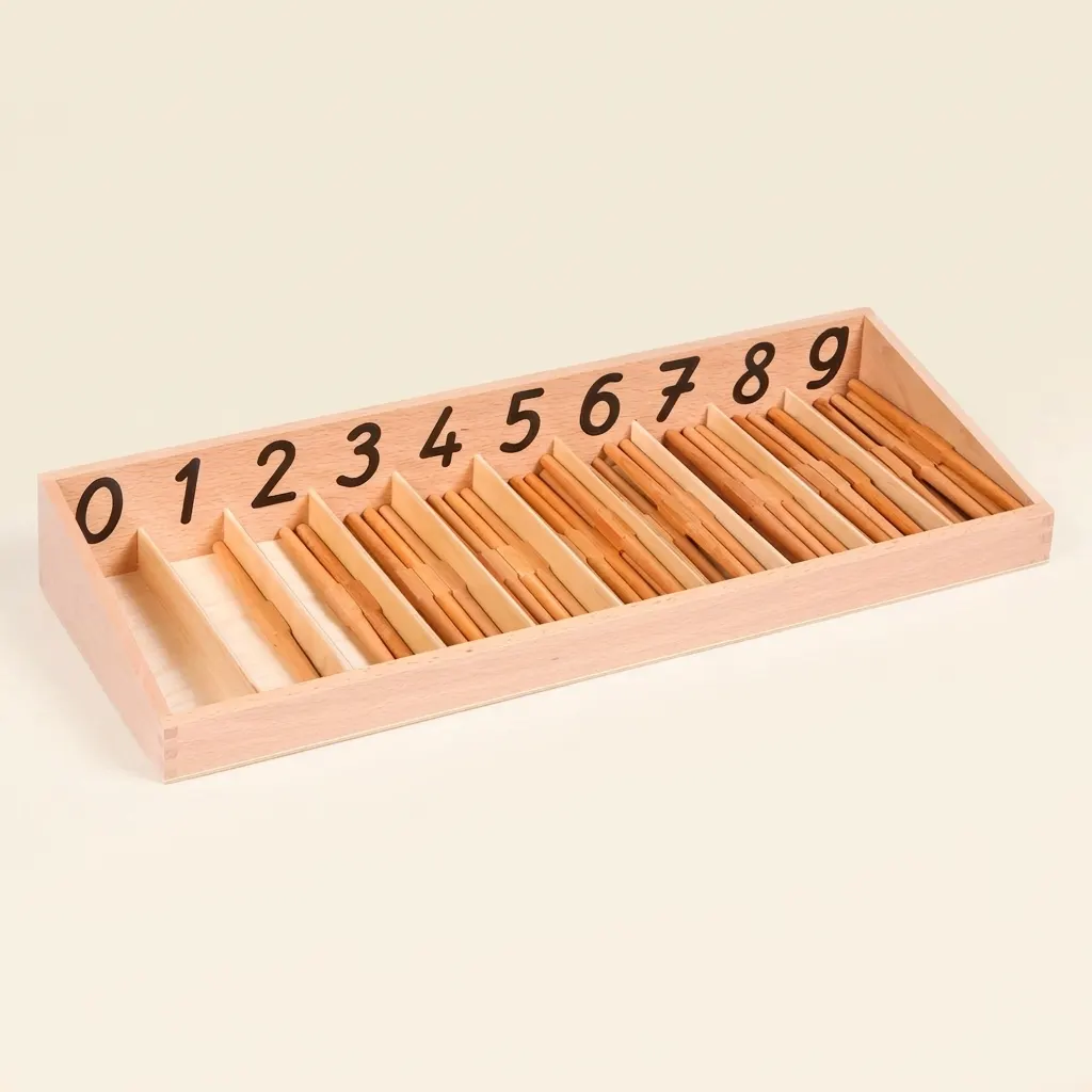 Box s vřeteny: koncept nuly a počítání 0-9 s dřevěnými přihrádkami - Montessori Material | Faborino