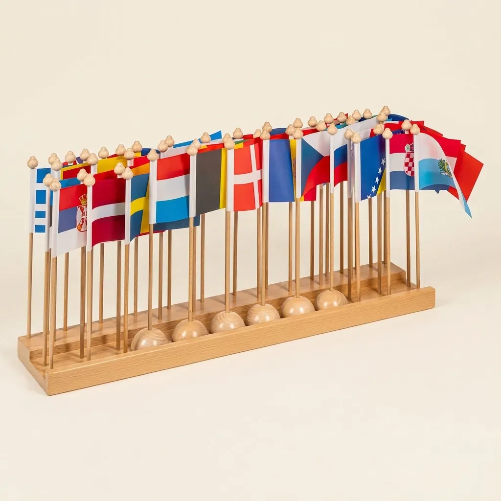 Stojan s vlajkami Európy: drevený stojan na európsku geografiu - Montessori Material | Faborino