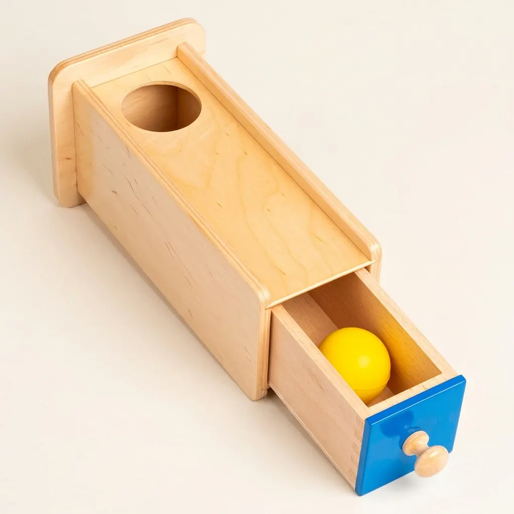 Box na trvalosť predmetov: hádzanie loptičky so šuplíkom - Montessori Material | Faborino